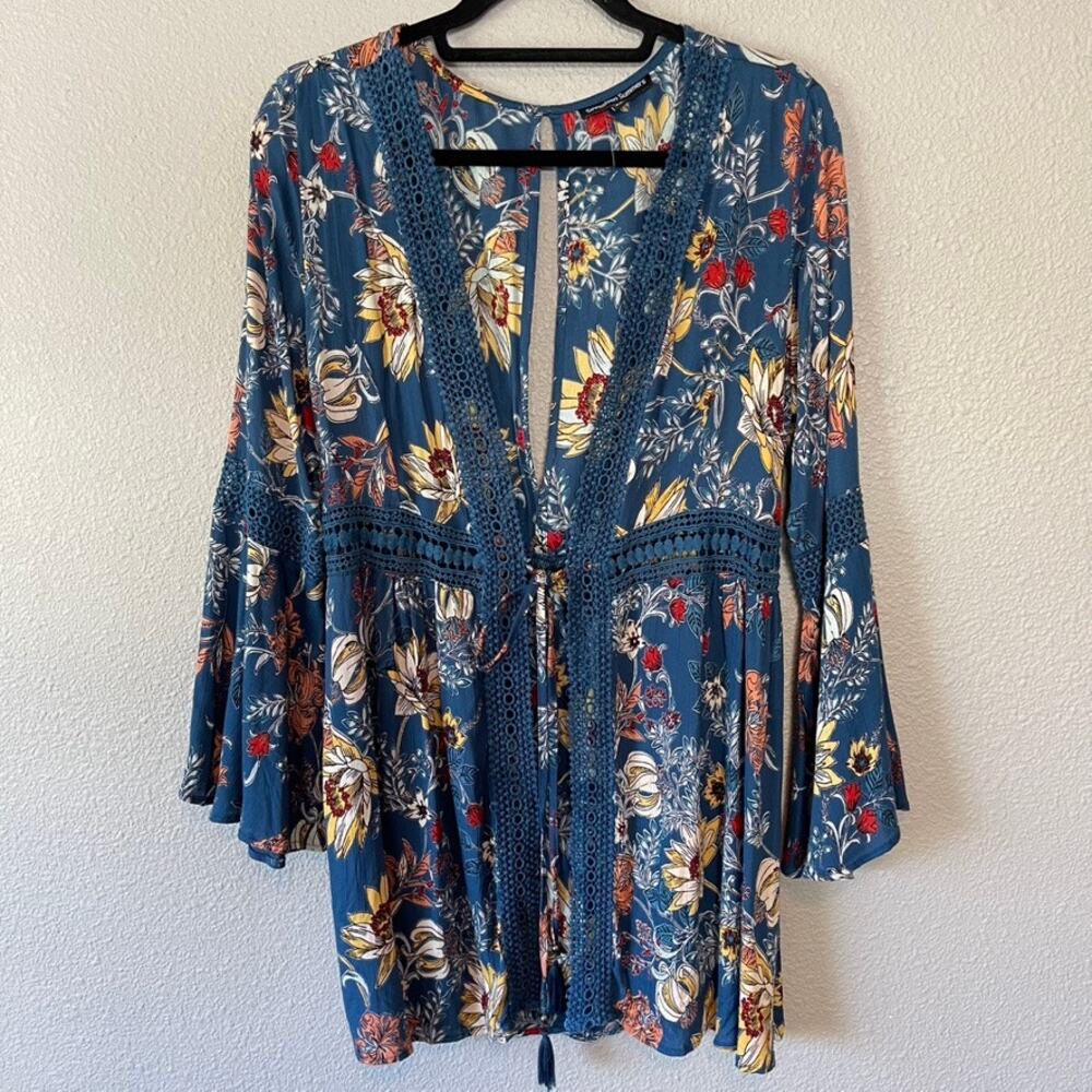 Seventeen Summers Boho Crochet Tie Front Bell Sleeve Floral Womens Cardigan Med